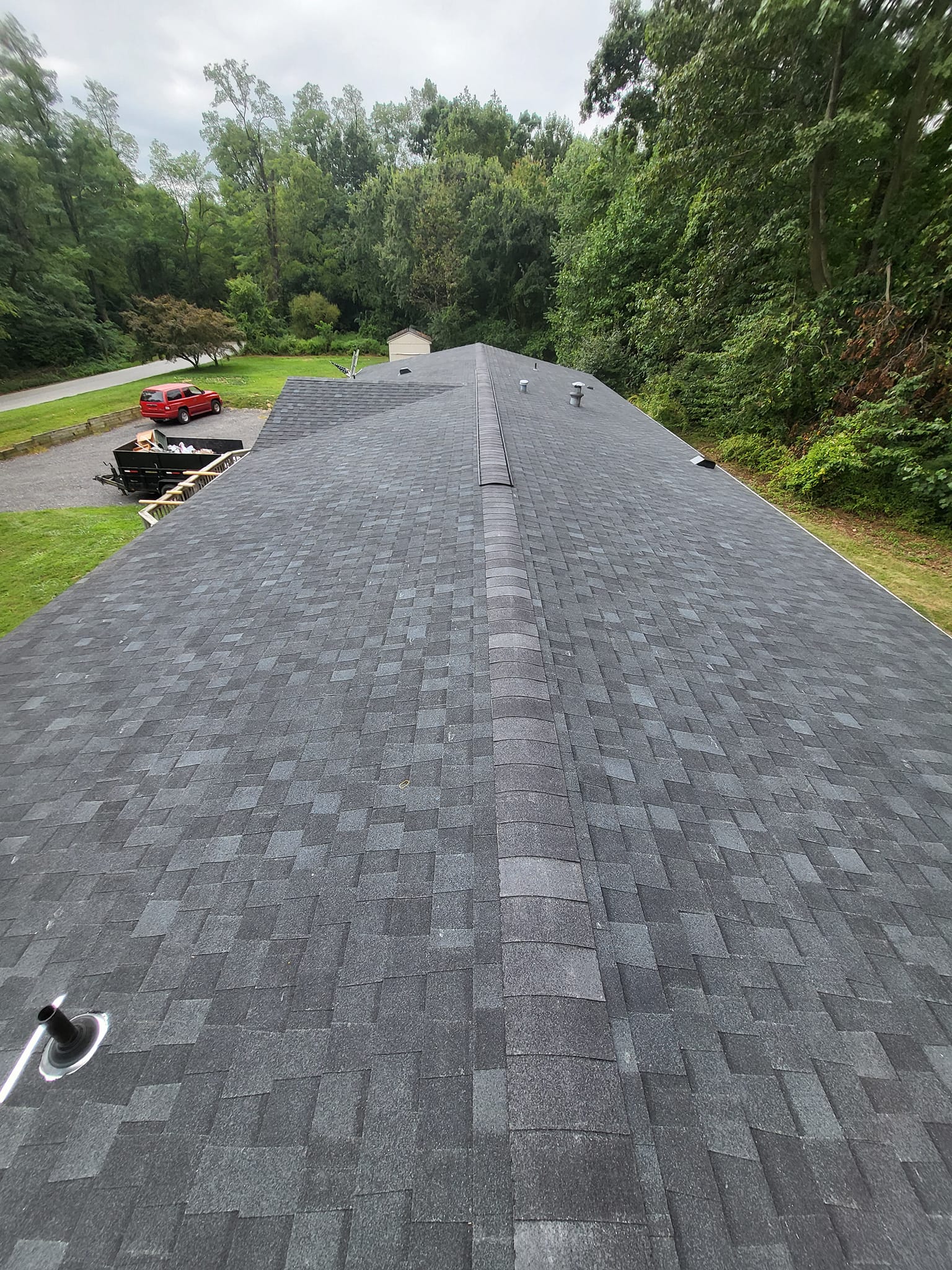 Aerial view of newly installed roof by LR Contracting