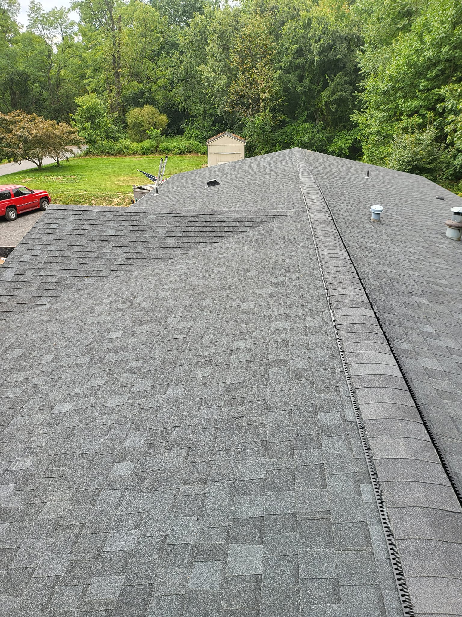 Aerial view of newly installed roof by LR Contracting