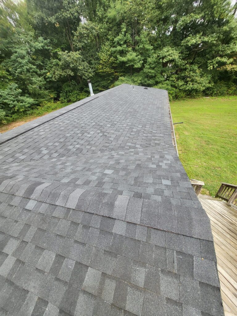 Aerial view of newly installed roof by LR Contracting