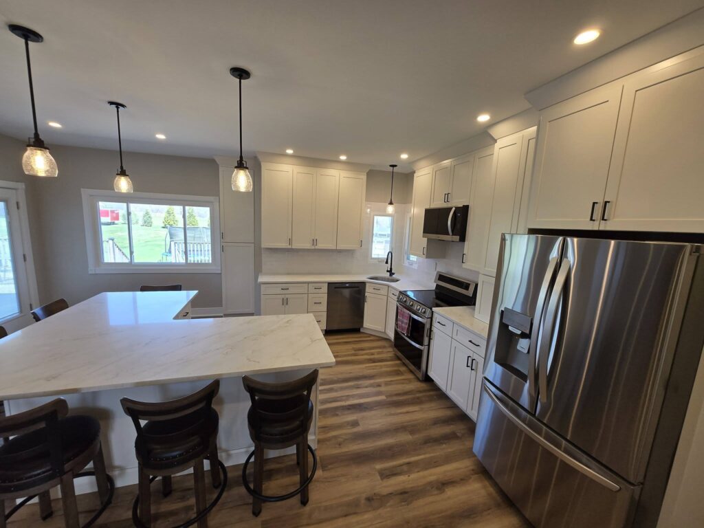 Wide kitchen island with bar-stool seating - LR Contracting, Honey Brook PA