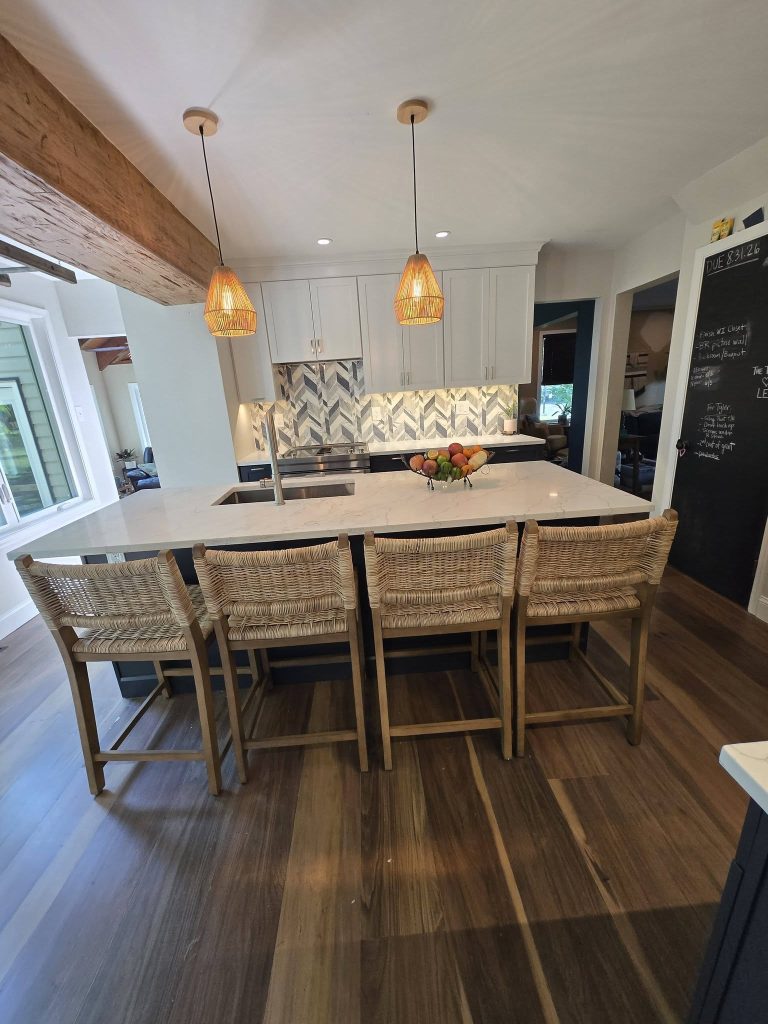 Island seating with wicker pendant lights - LR Contracting, Downingtown PA