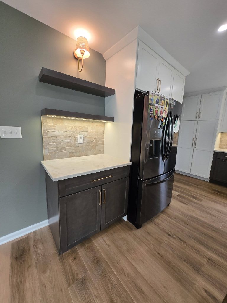 Floating shelves with accent sconce and stone backsplash - LR Contracting, Sadsburyville PA