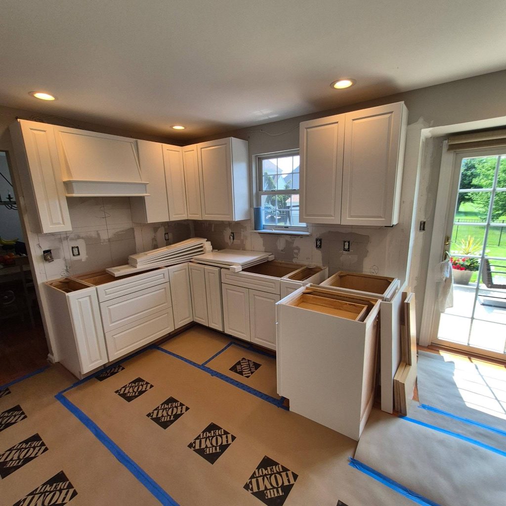 Base cabinets set before countertops - LR Contracting, Limerick PA