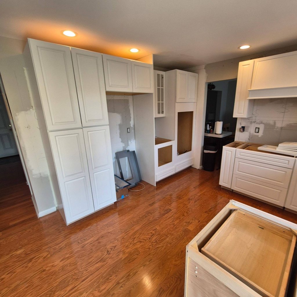 Pantry and oven cabinets during installation - LR Contracting, Limerick PA